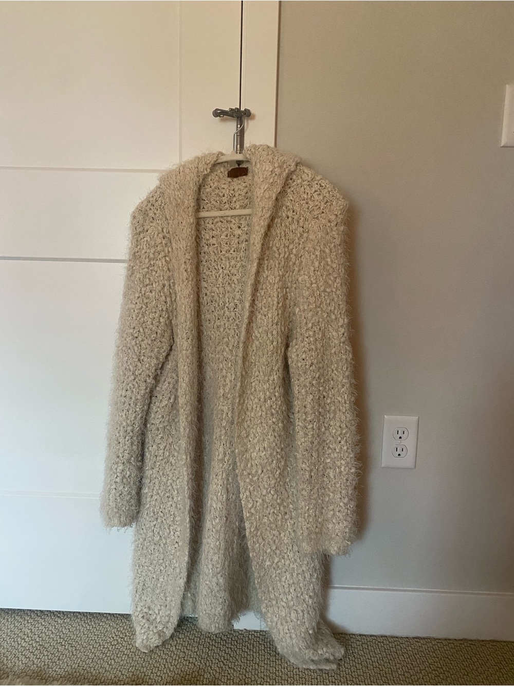 Open-Front Bouclé Hooded long Cardigan Sweater - Cream w/hood/LN